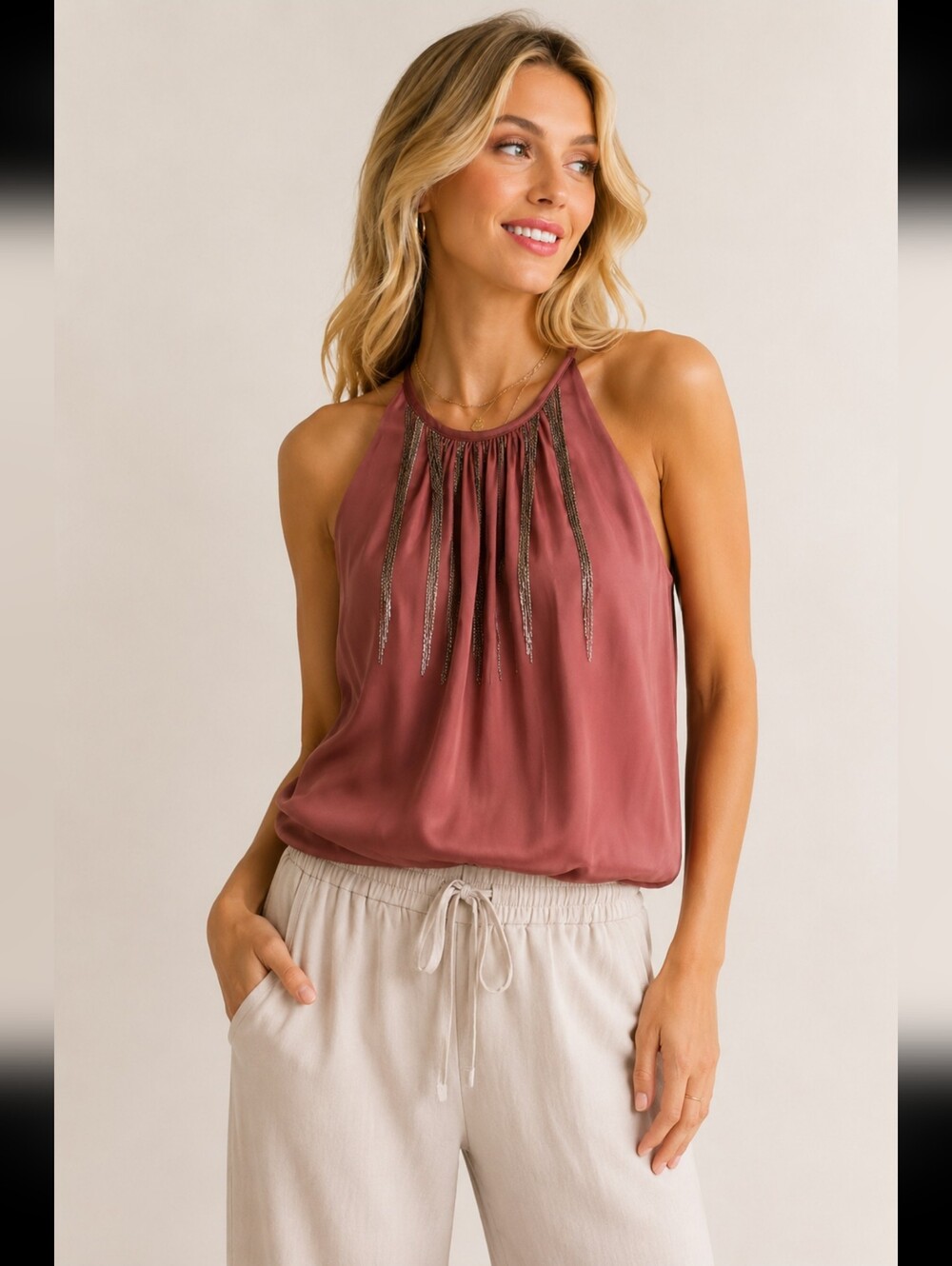 ACROBAT Fringe Chain silk tank Color HENNA Women's Top Size M $198 NWT! #CB8